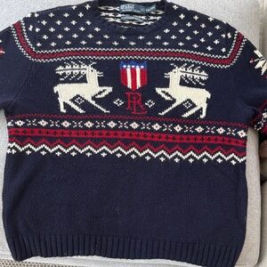 Polo by Ralph Lauren Men's Navy Sweater with Reindeer and Shield Design